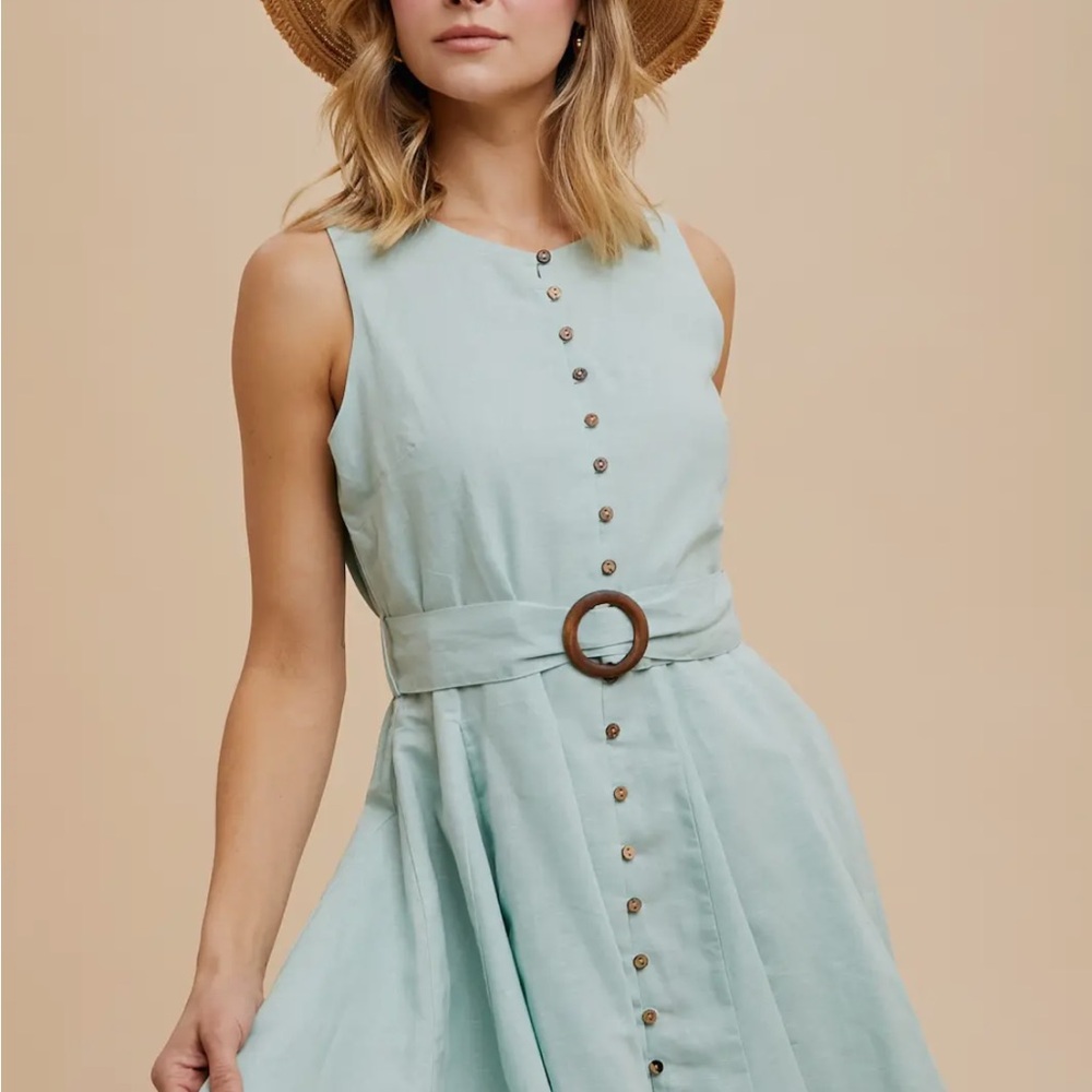 In Loom Belted Button Down Linen Dress in Mint Green